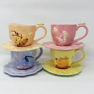 Vintage HTF Disney Winnie The Pooh 3D Tea Cup Saucer COMPLETE Set of 4 MINT COND